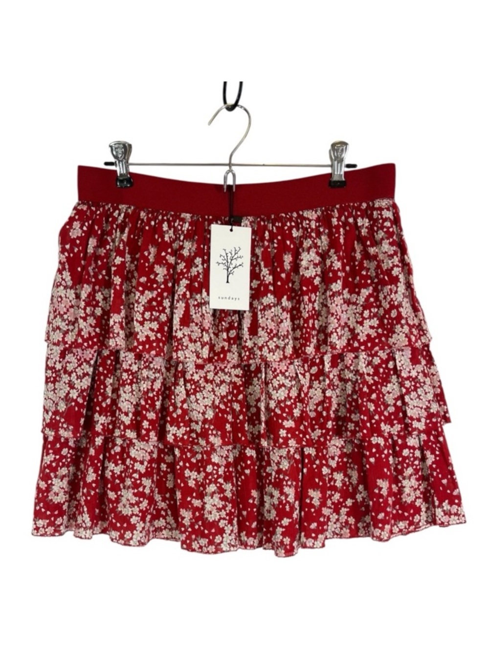 Sundays Ansel Cherry Blossom Tiered Cotton Mini Skirt Boho Ruffle Red Pink